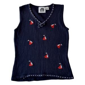 Storybook Knits Embroidered Sailor Nautical Tank Top in Navy Blue - Size Medium